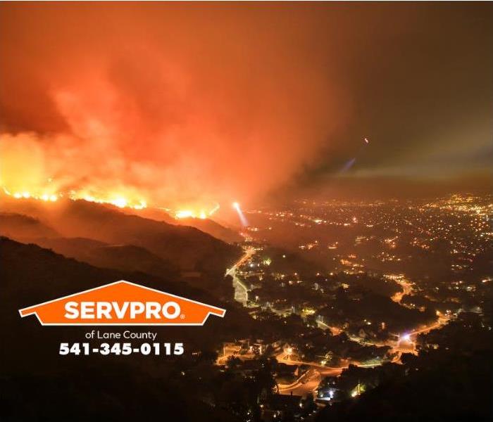 An aerial view of a wildfire is seen at night.